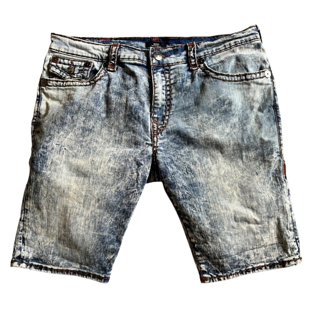 True Religion Rocco Relaxed Skinny Super T Acid Wash Denim Shorts Mens 40 Blue